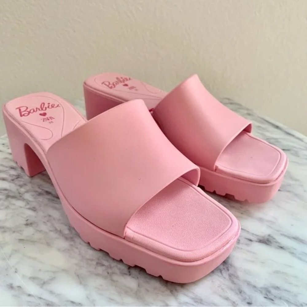 🎀 Barbie x ZARA Pink Rubber Slides Heeled Sandals 6 36 - Picture 2 of 10